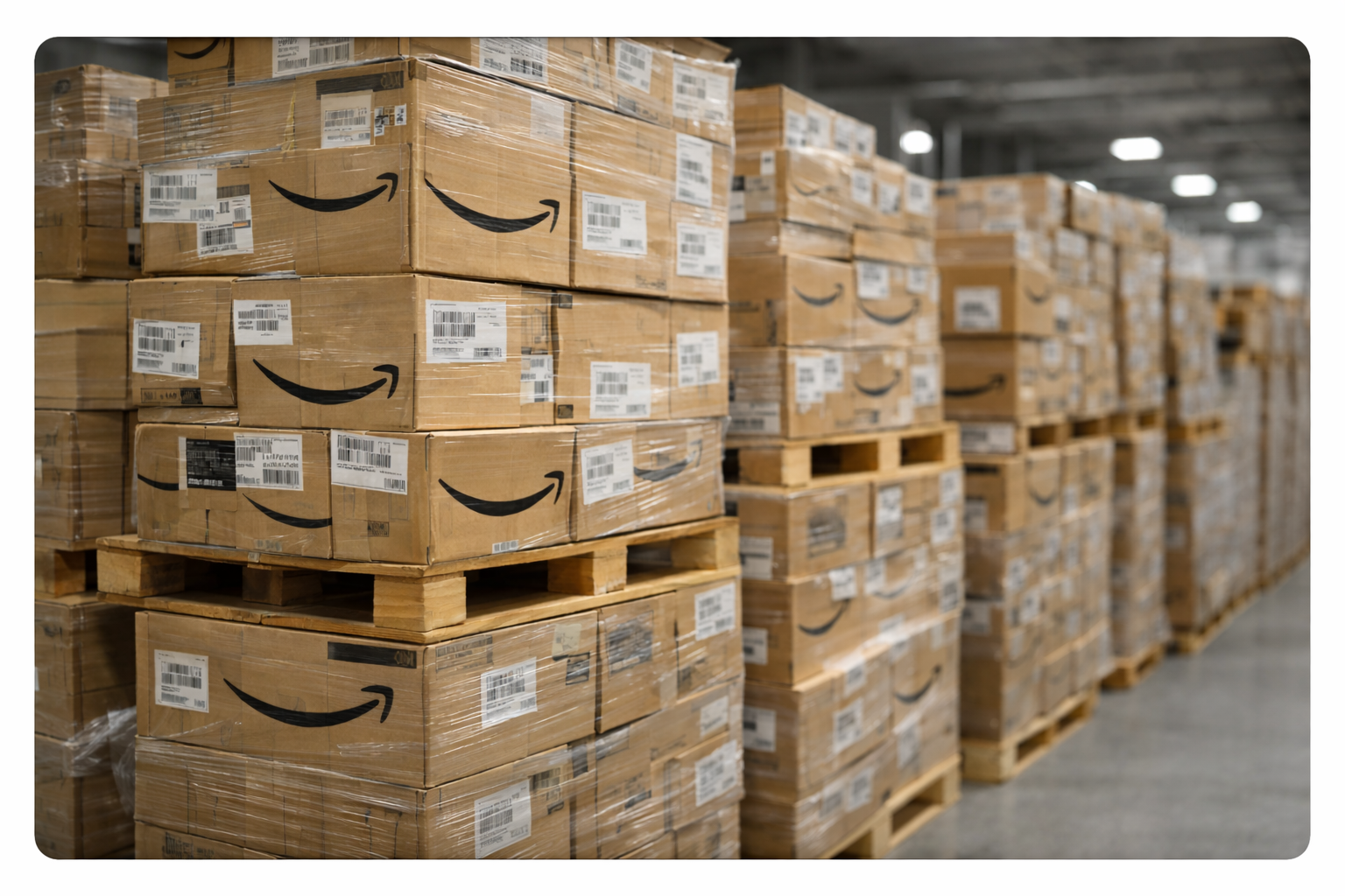 Direct Amazon liquidation pallets in a warehouse ready for European shipping - B-Aftermarket
