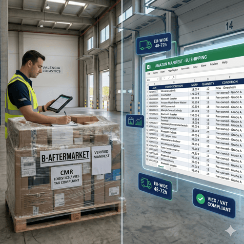 B-Aftermarket digital dashboard showing Amazon return manifests and EU shipping logistics for professional B2B resellers.