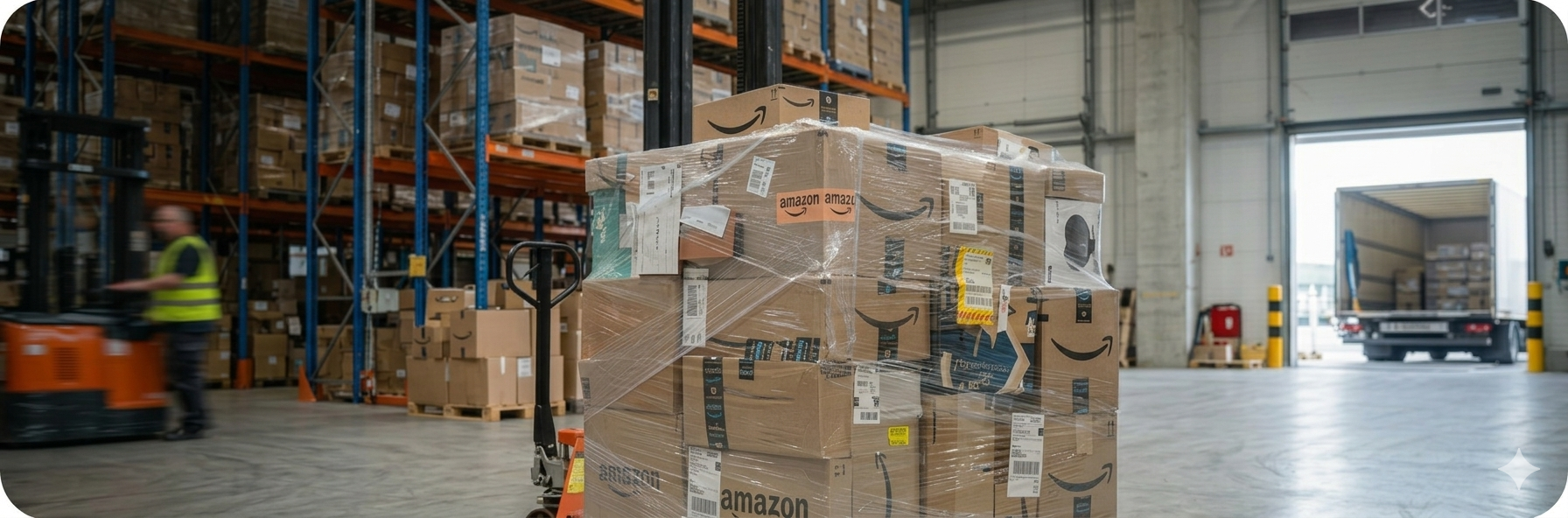 B-Aftermarket Valencia warehouse: A manual pallet jack holds a wrapped pallet of Amazon customer returns and unfiltered liquidation stock, ready for loading onto a white truck at the bay door. B-Aftermarket Valencia warehouse: A manual pallet jack holds a wrapped pallet of Amazon customer returns and unfiltered liquidation stock, ready for loading onto a white truck at the bay door.