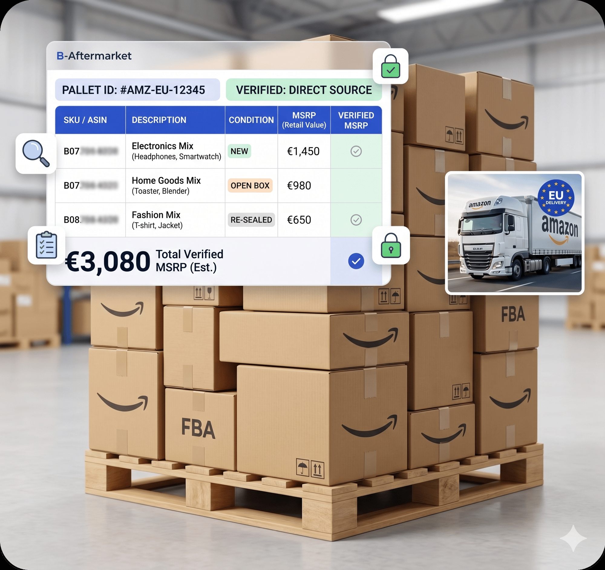 Verified Amazon return pallet with itemized manifest, MSRP pricing, and EU shipping logistics by B-Aftermarket Verified Amazon return pallet with itemized manifest, MSRP pricing, and EU shipping logistics by B-Aftermarket