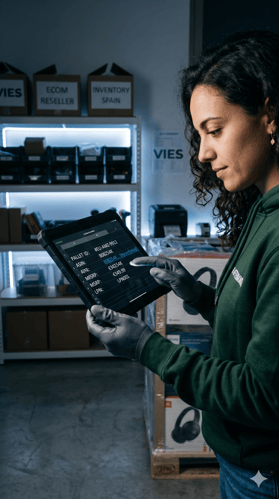 B-Aftermarket small reseller using professional vertical Excel manifest on rugged tablet in dark modern logistics corner for instant ROI calculation.