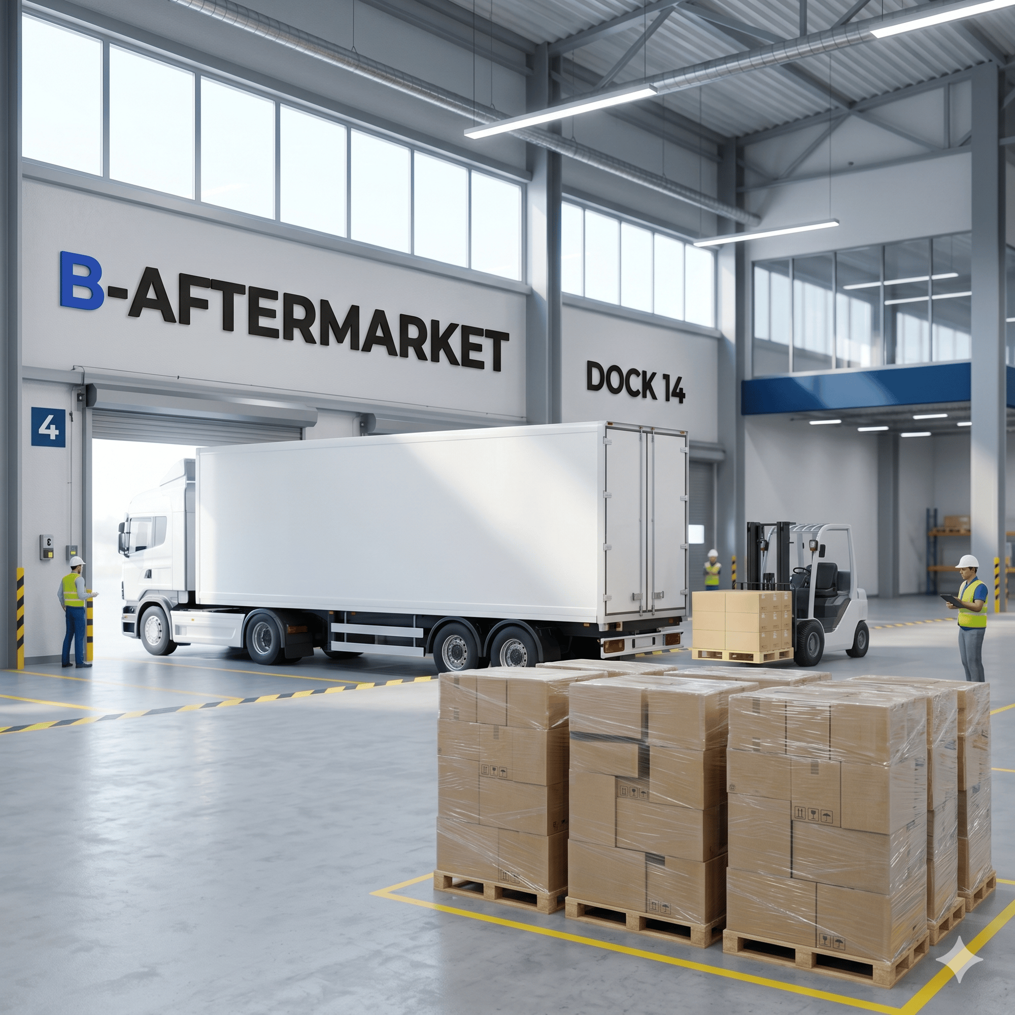B-Aftermarket logistics truck loading shrink-wrapped Amazon return pallets for EU delivery B-Aftermarket logistics truck loading shrink-wrapped Amazon return pallets for EU delivery