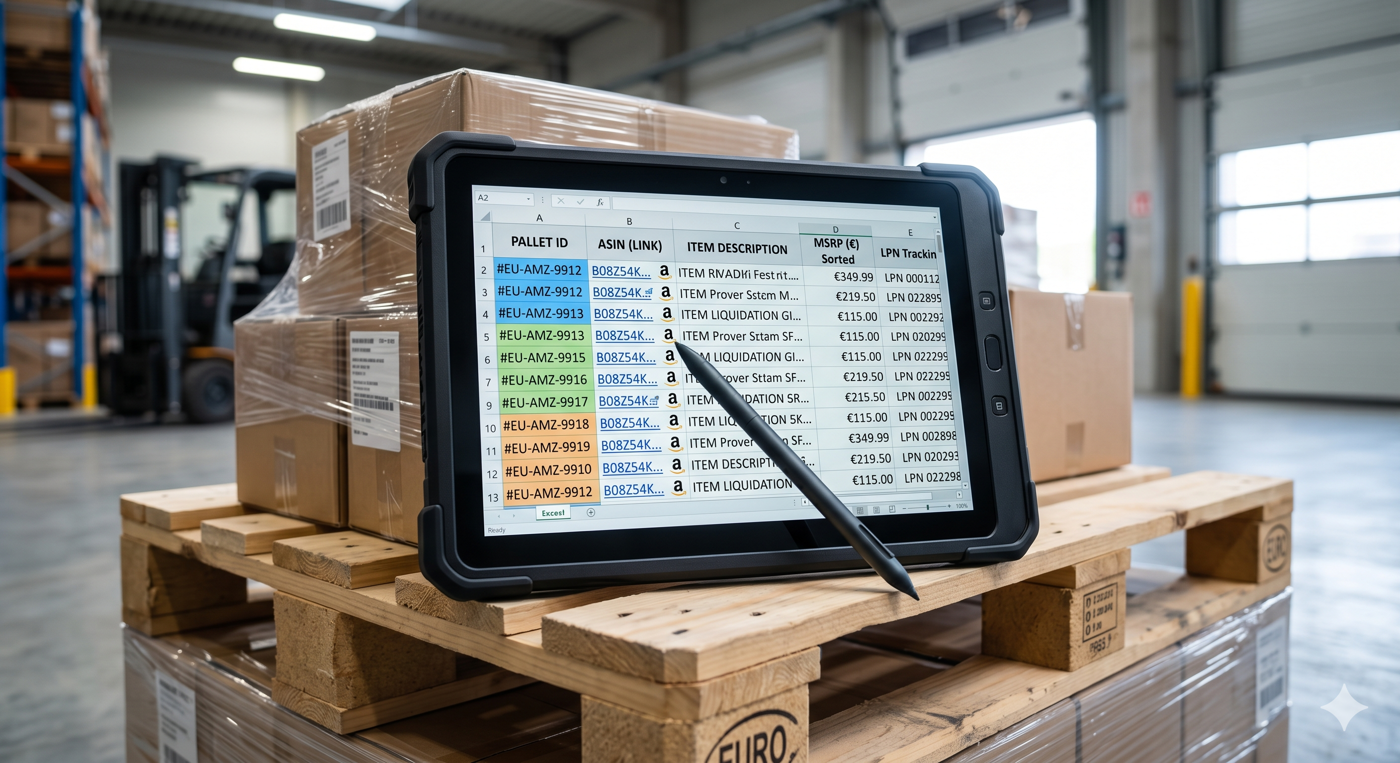 B-Aftermarket transparent inventory manifest on rugged tablet with color-coded PALLET ID, ASIN links to Amazon, and sorted retail prices (MSRP)