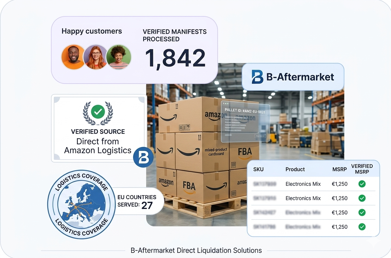 B-Aftermarket dashboard showing verified Amazon liquidation stats, logistics coverage for 27 EU countries, and direct sourcing certificate. B-Aftermarket dashboard showing verified Amazon liquidation stats, logistics coverage for 27 EU countries, and direct sourcing certificate.