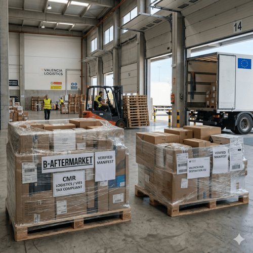 Almacén logístico B-Aftermarket en Valencia: pallets de devoluciones de Amazon preparados para envío internacional, con etiquetas de manifiesto verificado, documentación CMR, cumplimiento VIES/IVA, y banderas EU señalizando envíos intracomunitarios de 48-72 horas