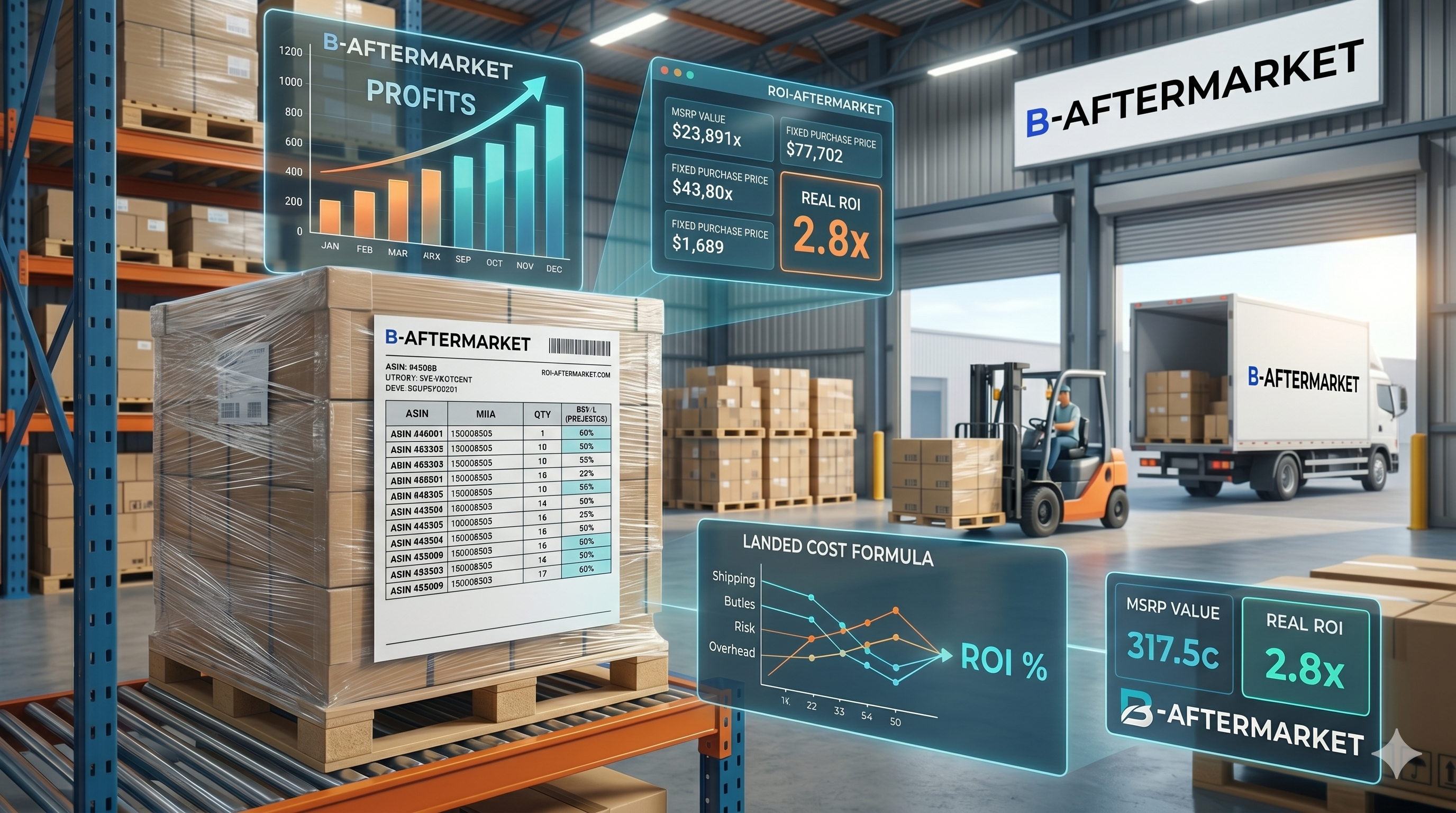 Data-driven dashboard showing ROI and profit analysis for B-Aftermarket liquidation pallets, featuring a professional warehouse with delivery trucks and accurate manifest documentation.