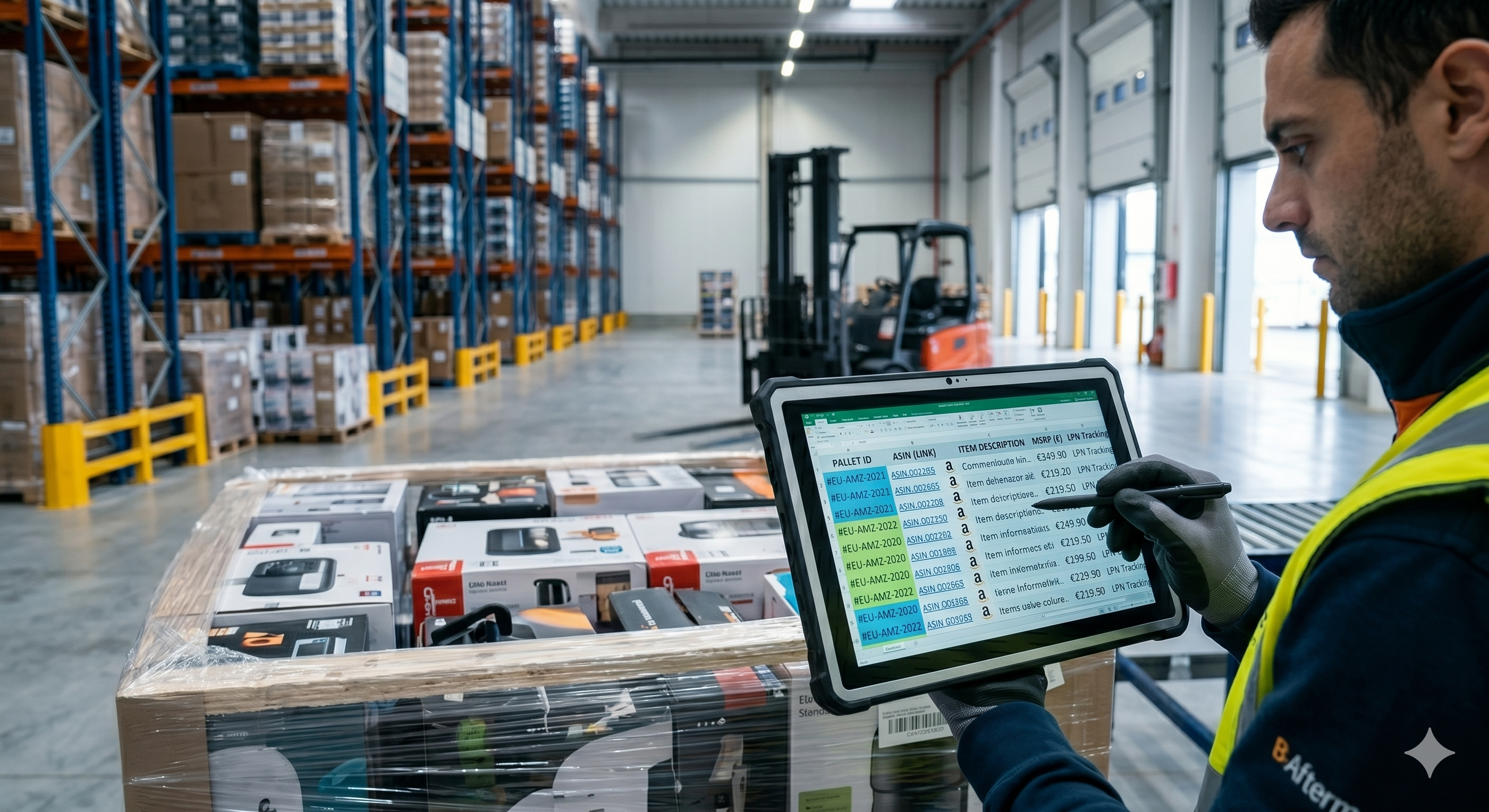 B-Aftermarket logistics expert analyzing transparent Amazon return pallet manifest on rugged tablet with color-coded Pallet ID, ASIN links, and MSRP for ROI calculation.