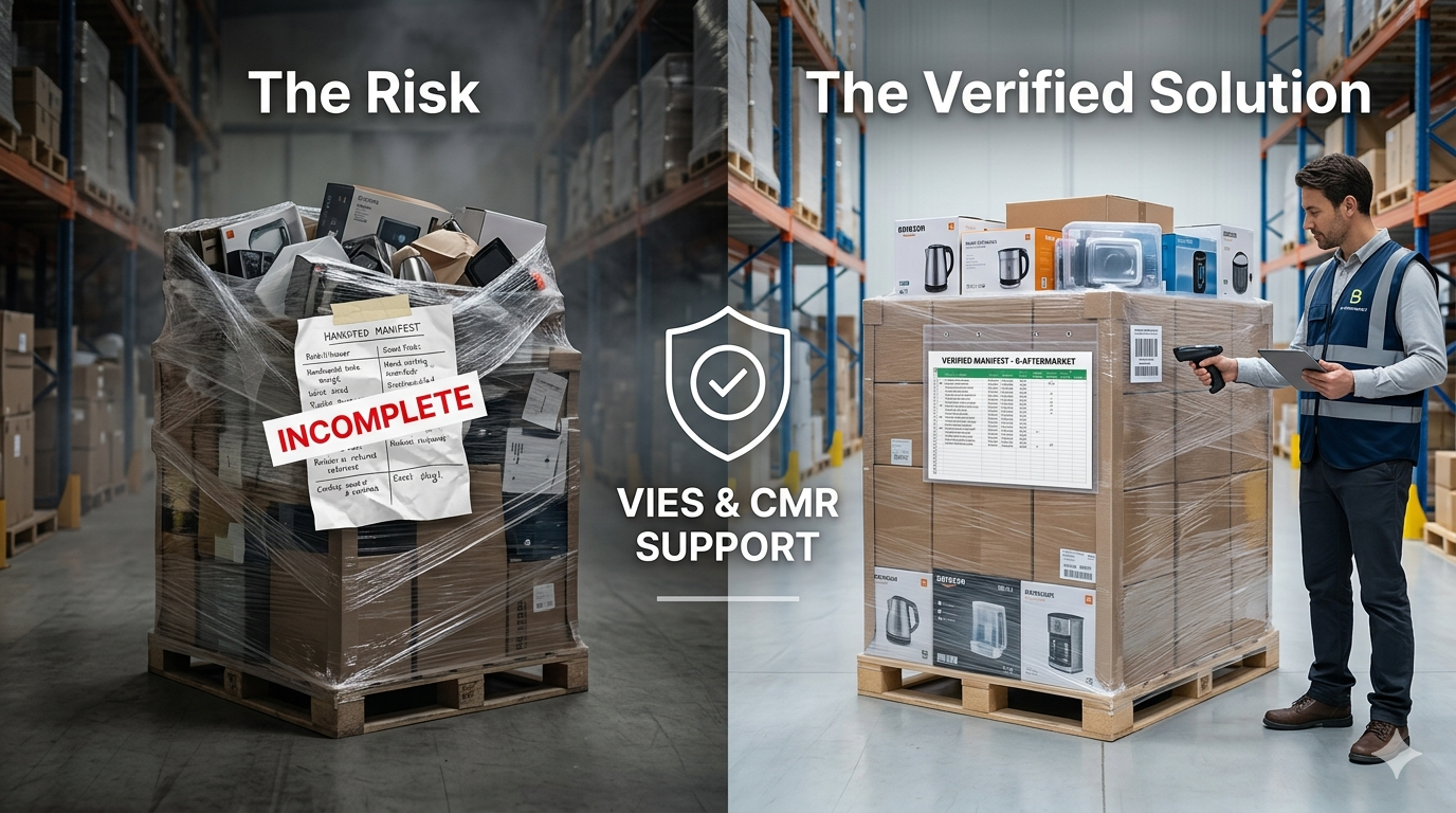 Comparison between a generic unverified liquidation pallet and a professional B-Aftermarket Amazon return pallet with a verified Excel manifest and secure B2B logistics packaging.