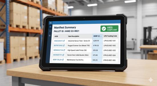Aftermarket transparent inventory data manifest with VIES compliant badge
