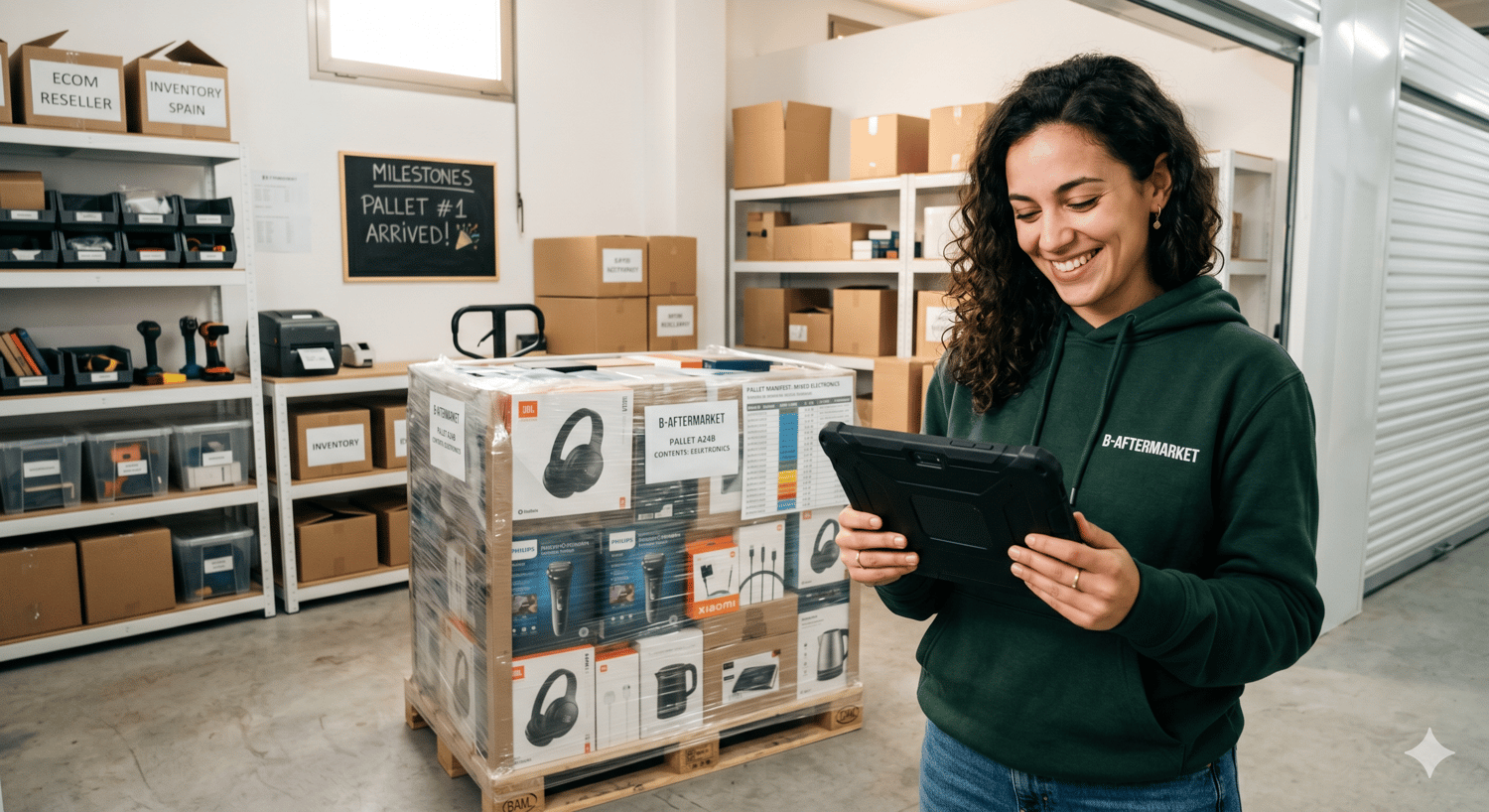 A cinematic, photorealistic landscape photograph of a small business owner in a clean, compact storage space receiving their first B-Aftermarket liquidation pallet. The owner (a young entrepreneur) looks very happy and confident, holding a rugged tablet showing a clear, color-coded Excel manifest with columns for 'PALLET ID', 'ASIN (LINK)', 'MSRP (€)', and 'LPN Tracking'. The tablet is in sharp focus. Behind them is a single shrink-wrapped Euro-pallet of mixed electronic and home goods. The setting is bright, approachable, and clearly scaled for small business, not a massive industrial warehouse. High quality, sharp details.